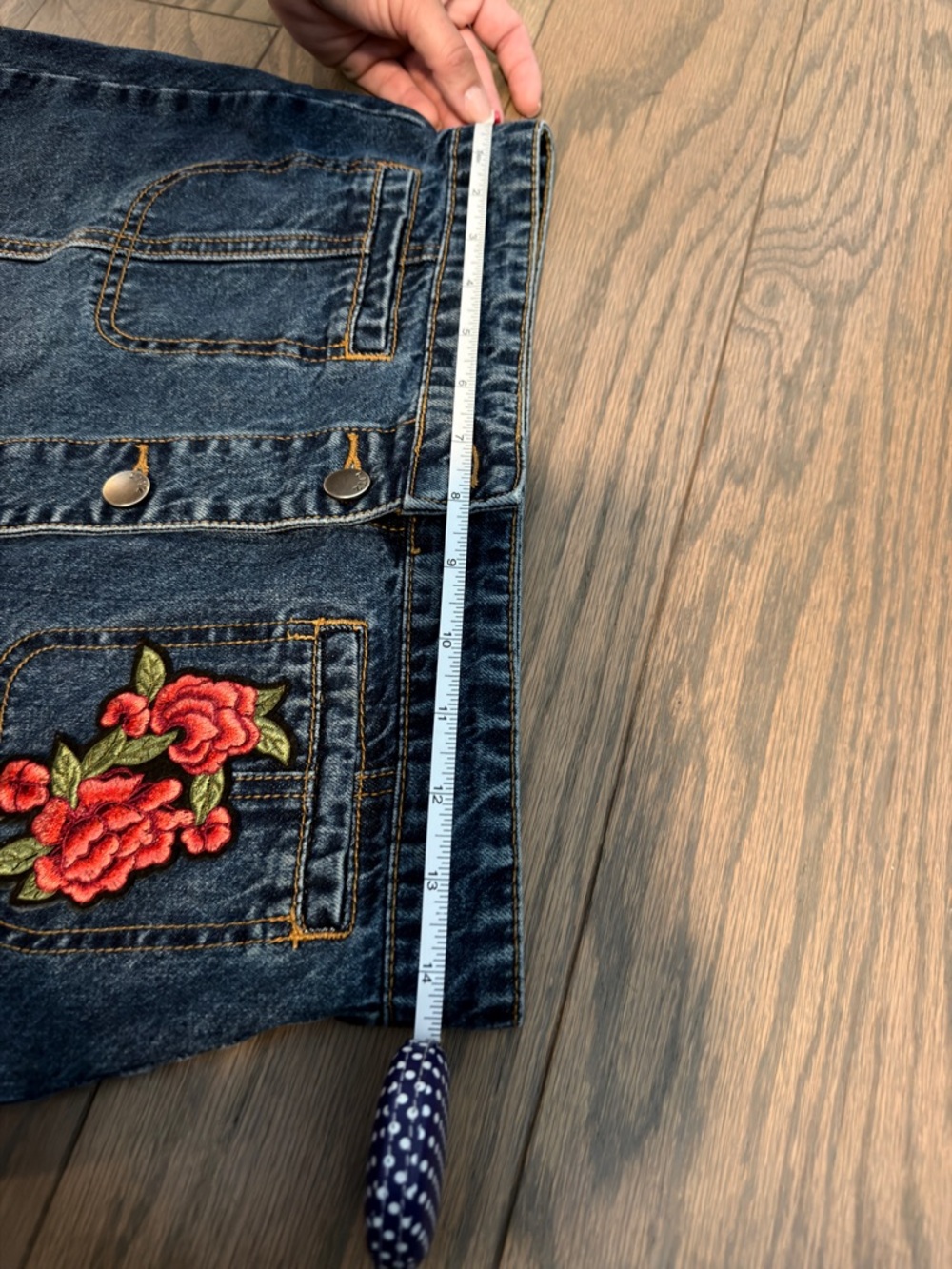 Dark Blue Denim Button-Front Mini Skirt with Embroidered Floral Pocket - Picture 3 of 8